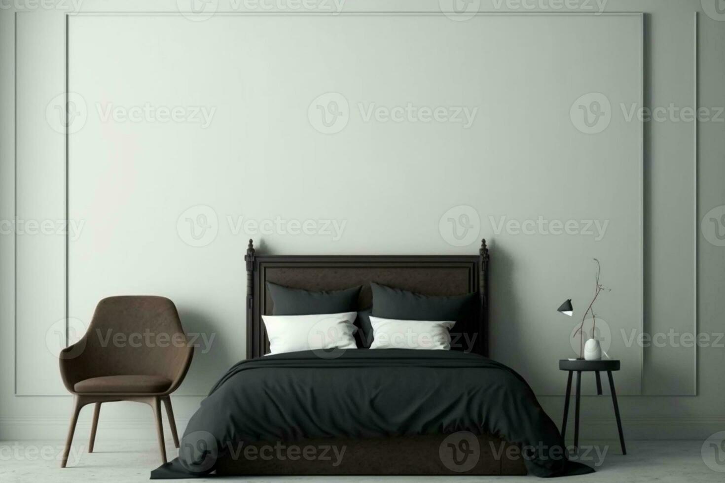 cómodo dormitorio con vacío pared Bosquejo diseño, oscuro cama y de madera silla ai generado foto