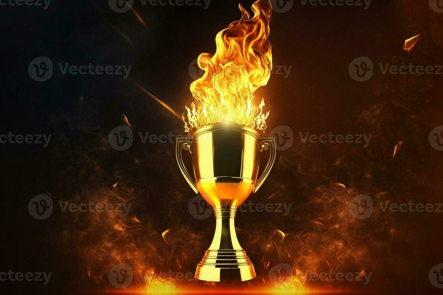 Sports background. Burning trophy goblet. Winner in a competition. Fire and energy. Football field with golden goblet AI Generated photo