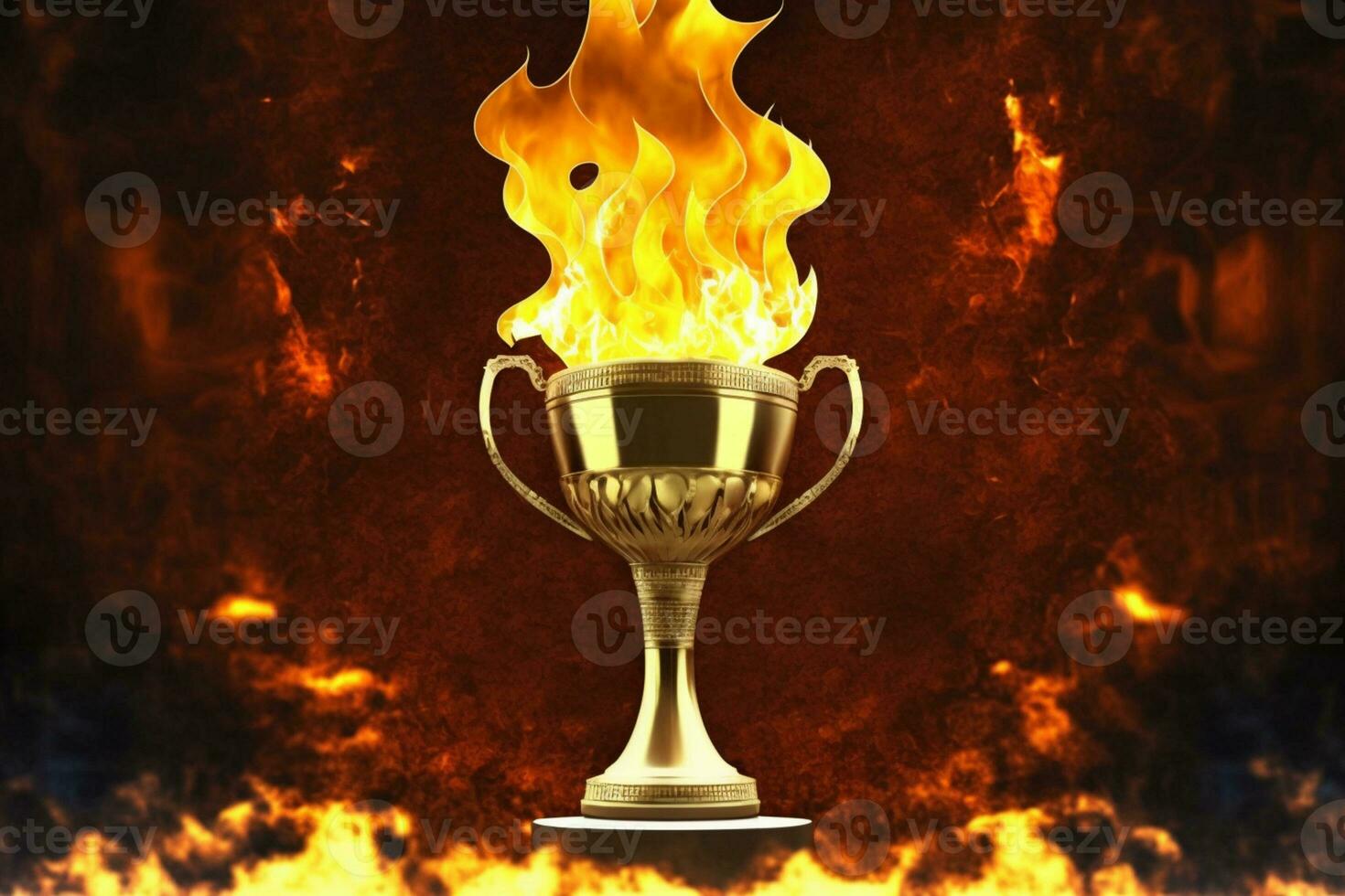 Sports background. Burning trophy goblet. Winner in a competition. Fire and energy. Football field with golden goblet AI Generated photo
