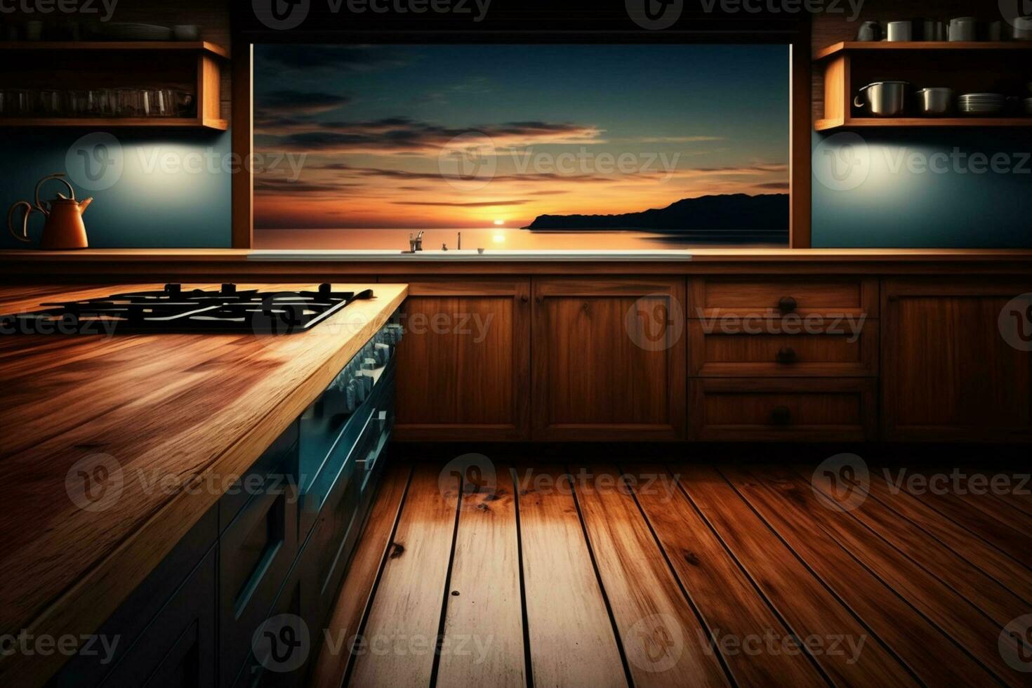 Wood Empty Surface And Kitchen as Background In The Evening AI Generated photo