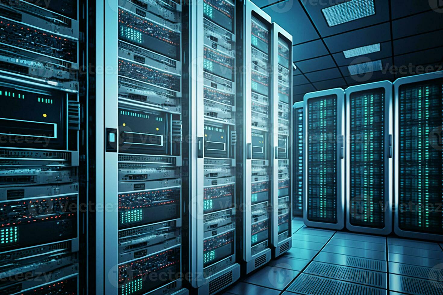 Shot of Data Center With Multiple Rows of Fully Operational Server Racks AI Generated photo