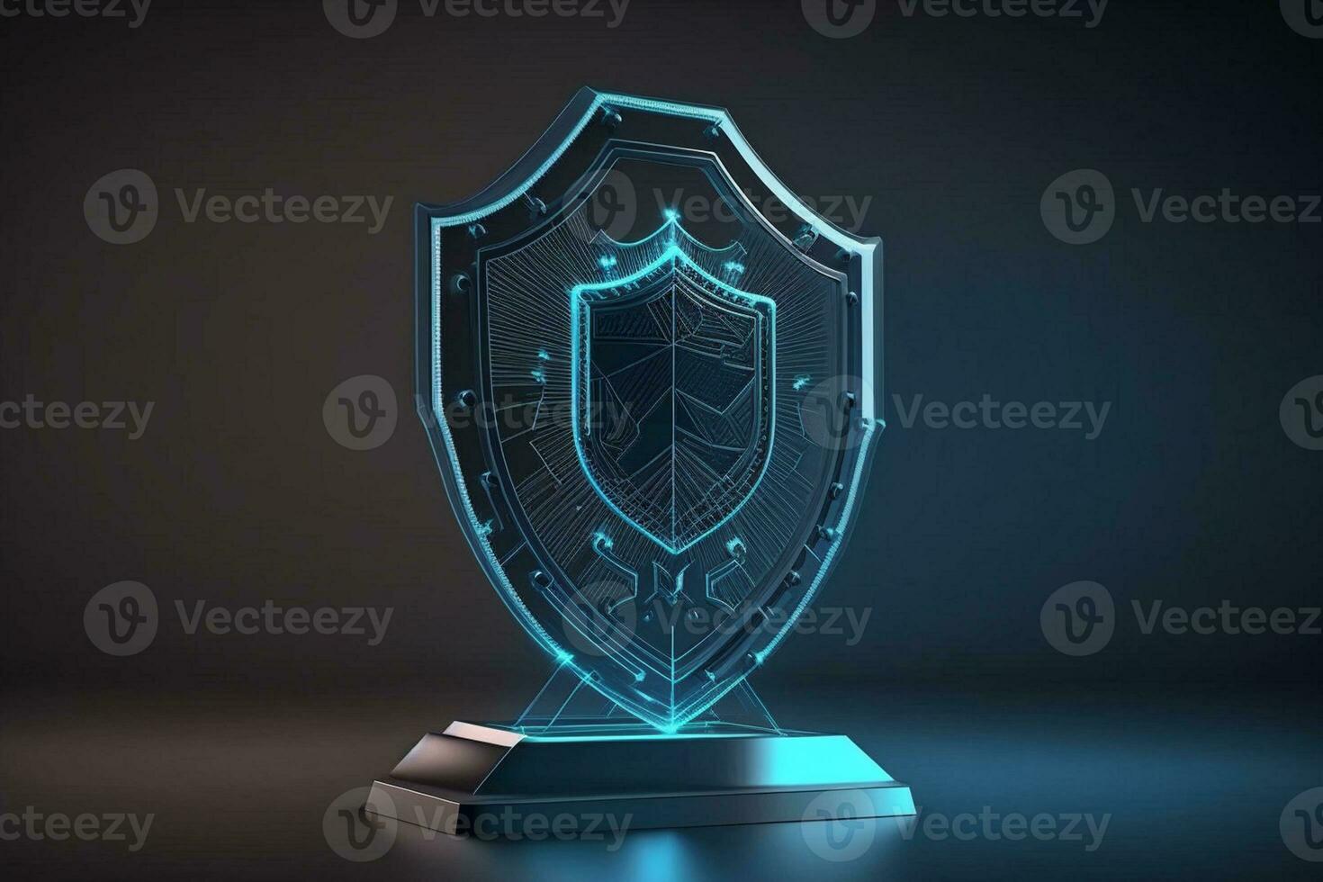 3d Futuristic glowing low polygonal guard shield symbol isolated on dark blue background. Cyber security. data protection concept. Modern wireframe design AI Generated photo
