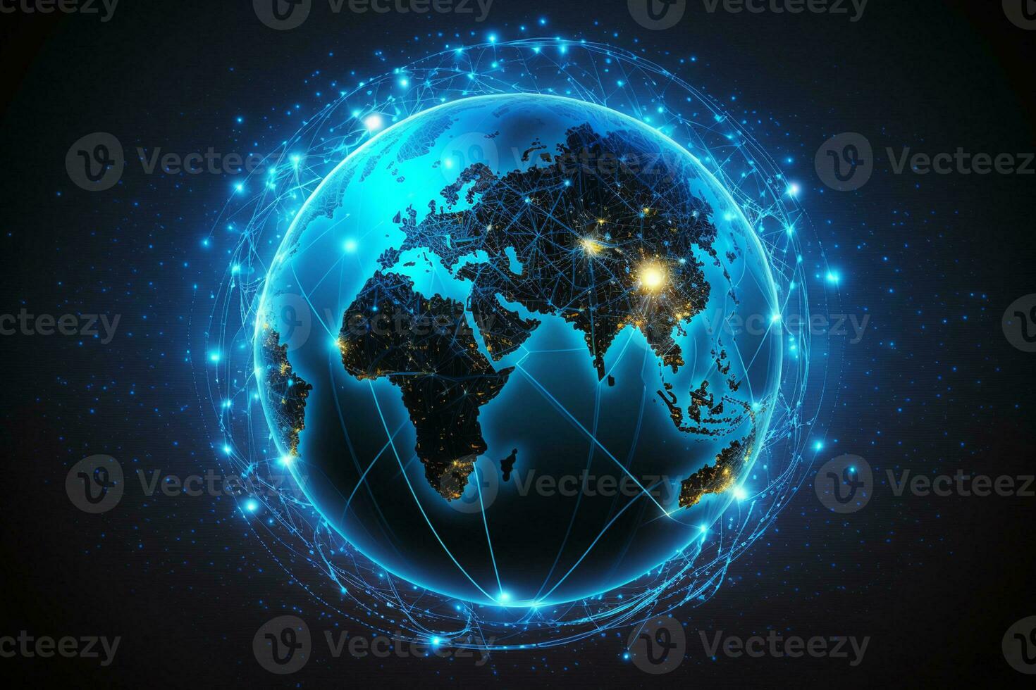 Map of the planet. World map. Global social network. Future. Vector. Blue futuristic background with planet Earth. Internet and technology. Night view of Earth on the sunrise  AI Generated photo