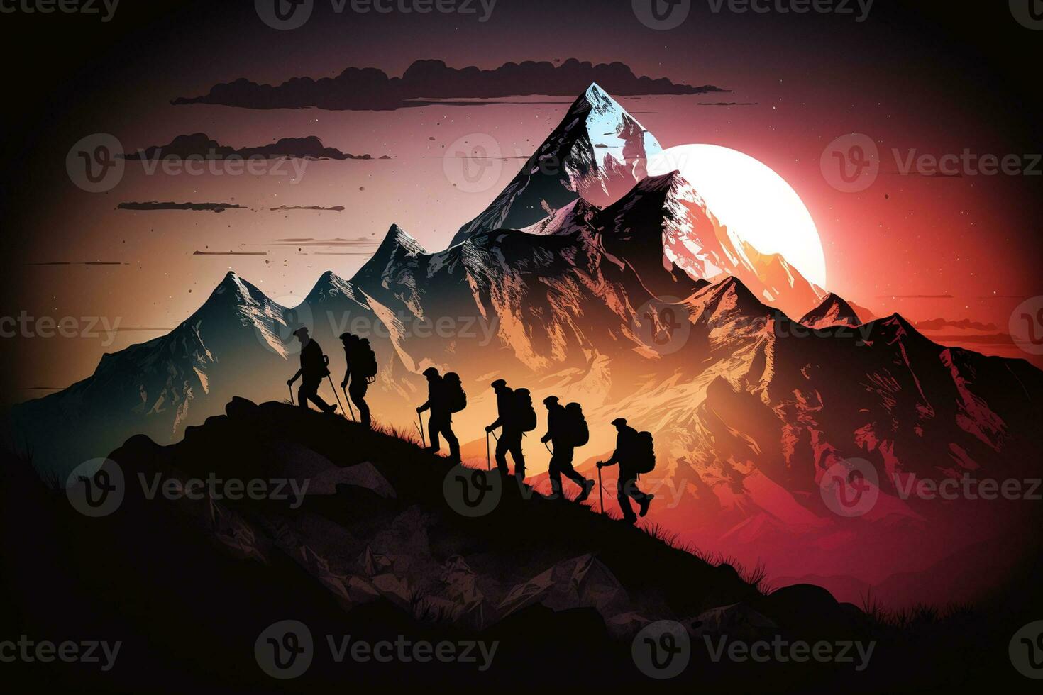 Group of people on peak mountain climbing helping team work , travel trekking success business concept, sunset dark Theme AI Generated photo