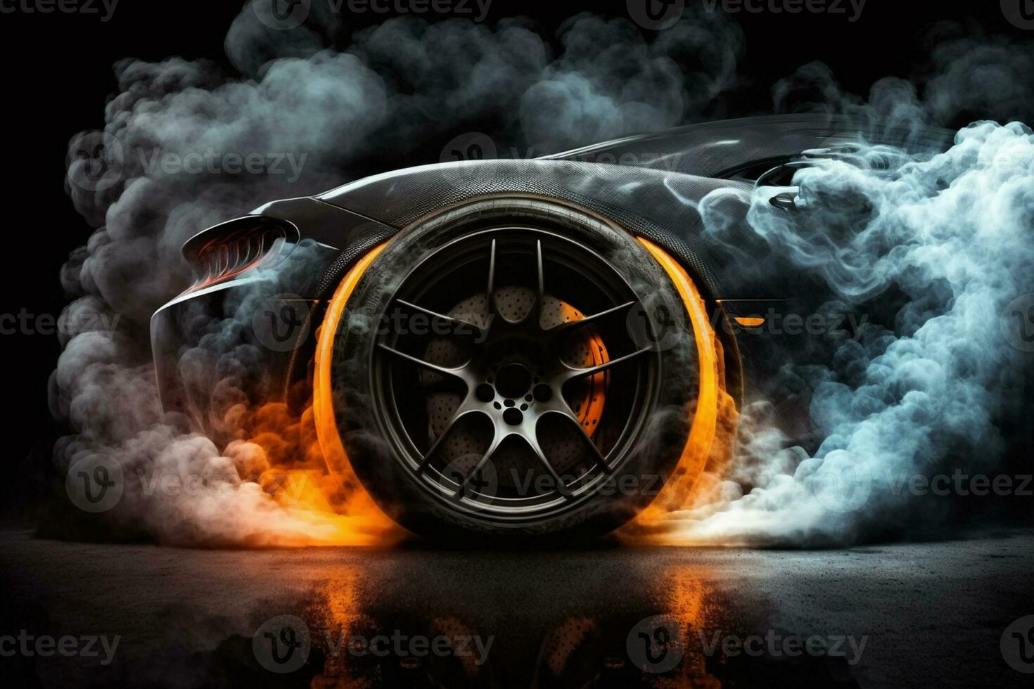 Car tires with a great profile on illuminates asphalt, smoke AI Generated photo