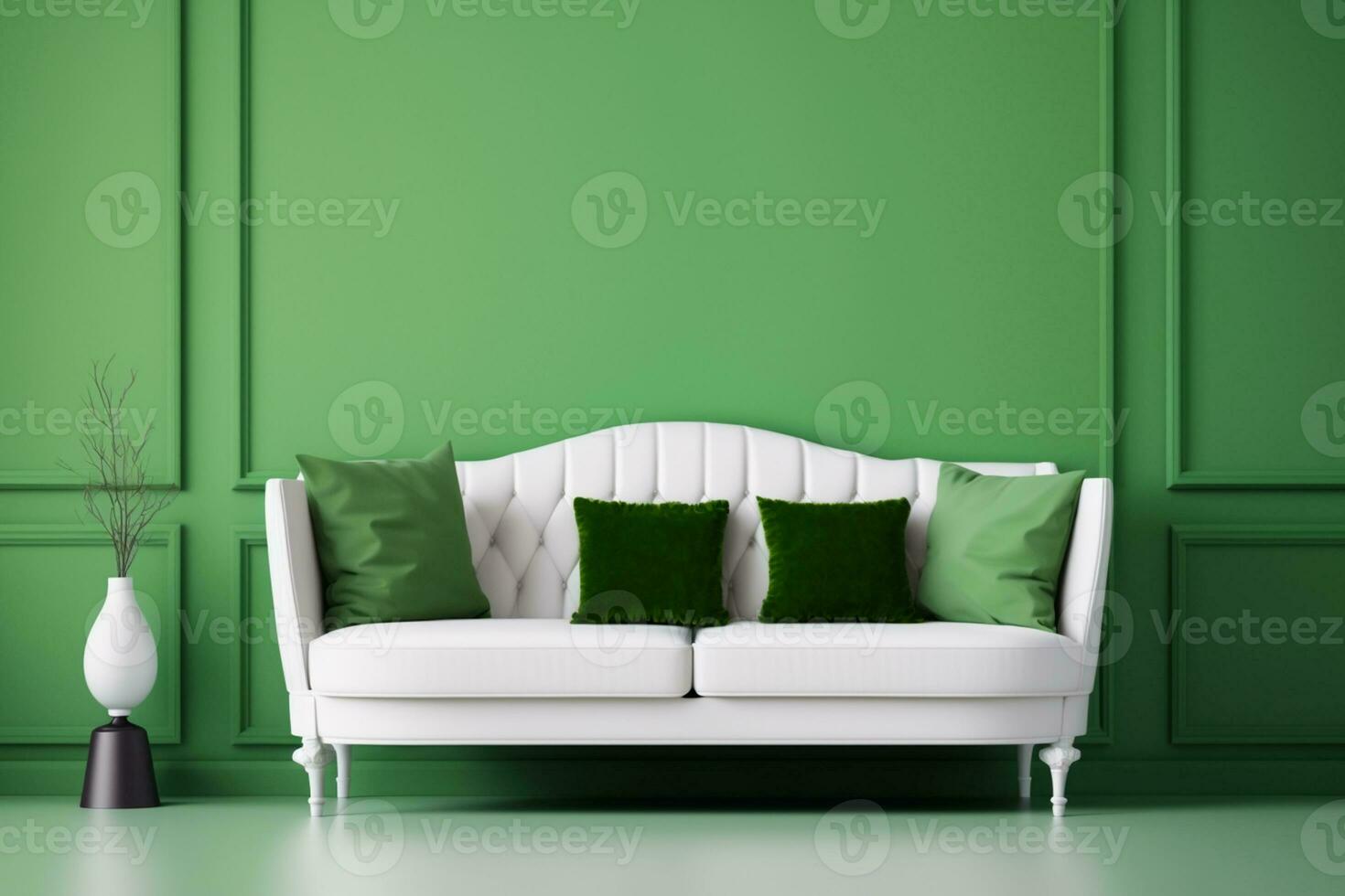 Interior design scene white couch on a green wall background with copy space AI Generated photo