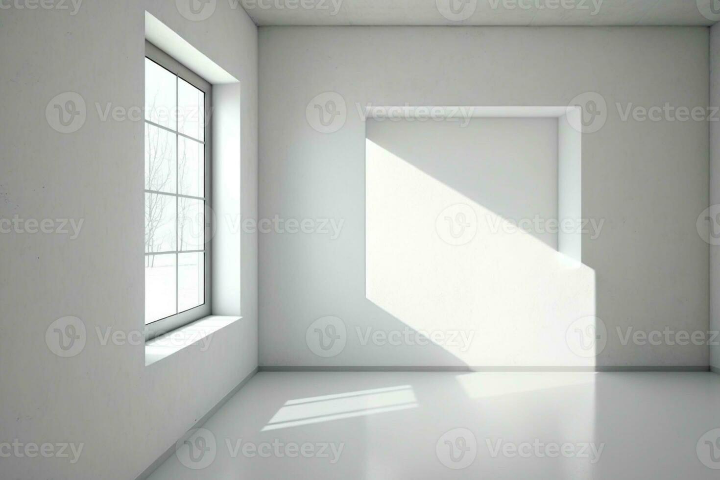 blanco blanco pared con ventana y hormigón piso, burlarse de arriba ai generado foto
