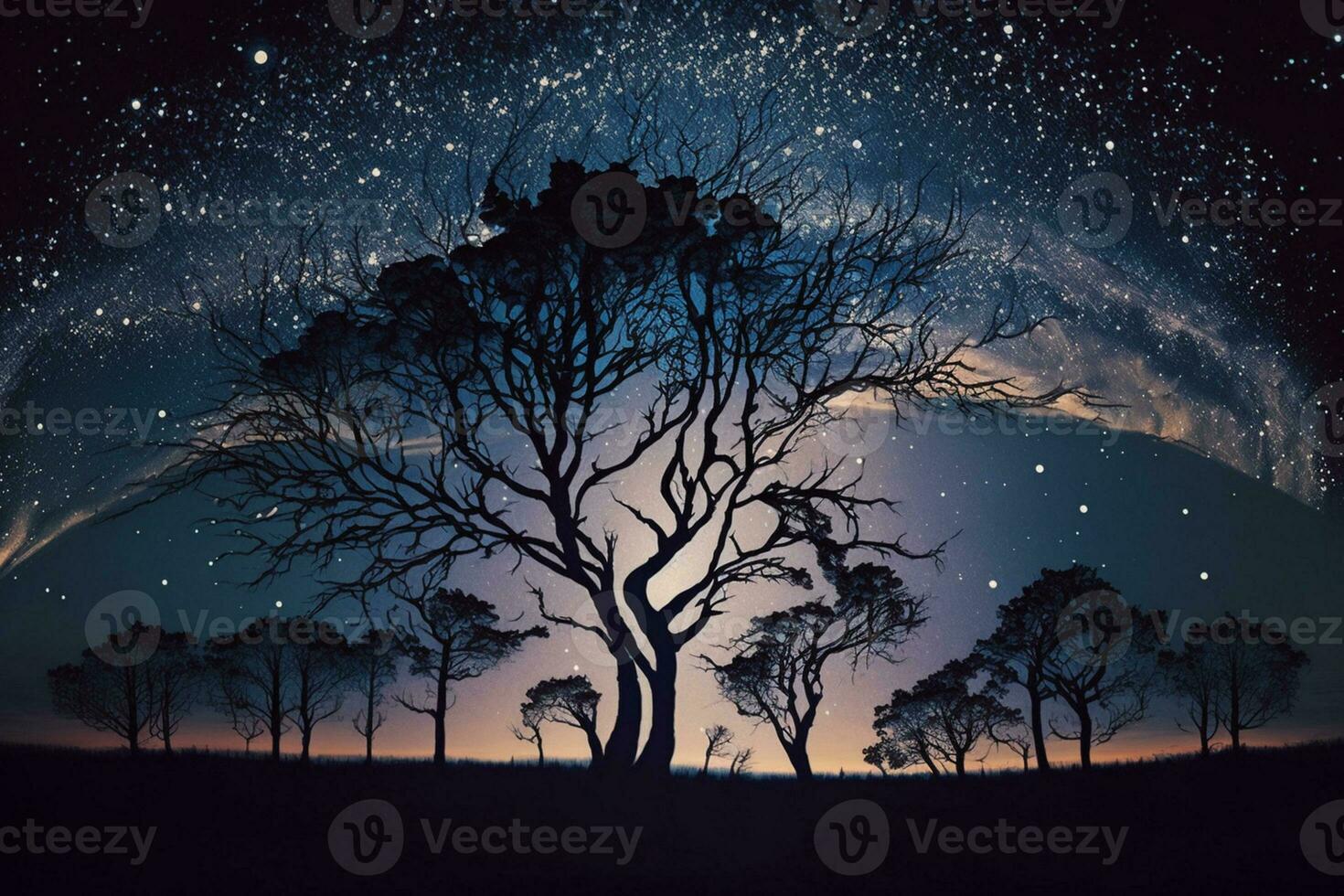 Landscape showing trees against magical and starry night sky full of stars AI Generated photo