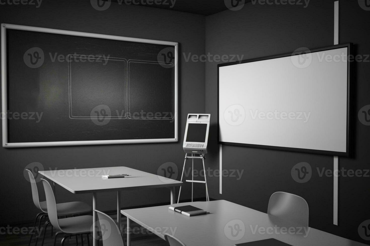 vacío moderno salón de clases con blanco interactivo tablero ai generado foto