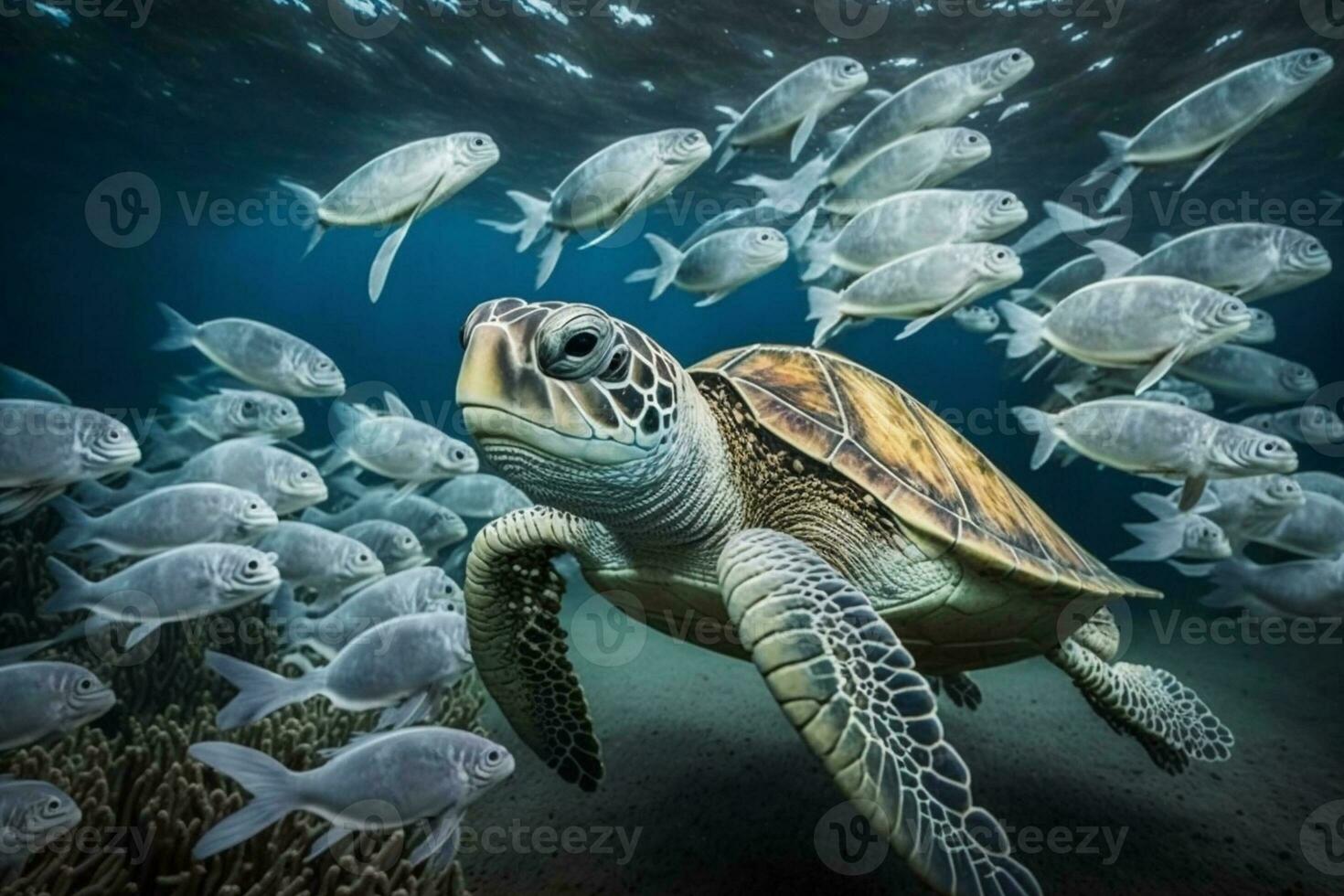 Tortuga mirando a el cámara, seguido por algunos plata pescado ai generado foto