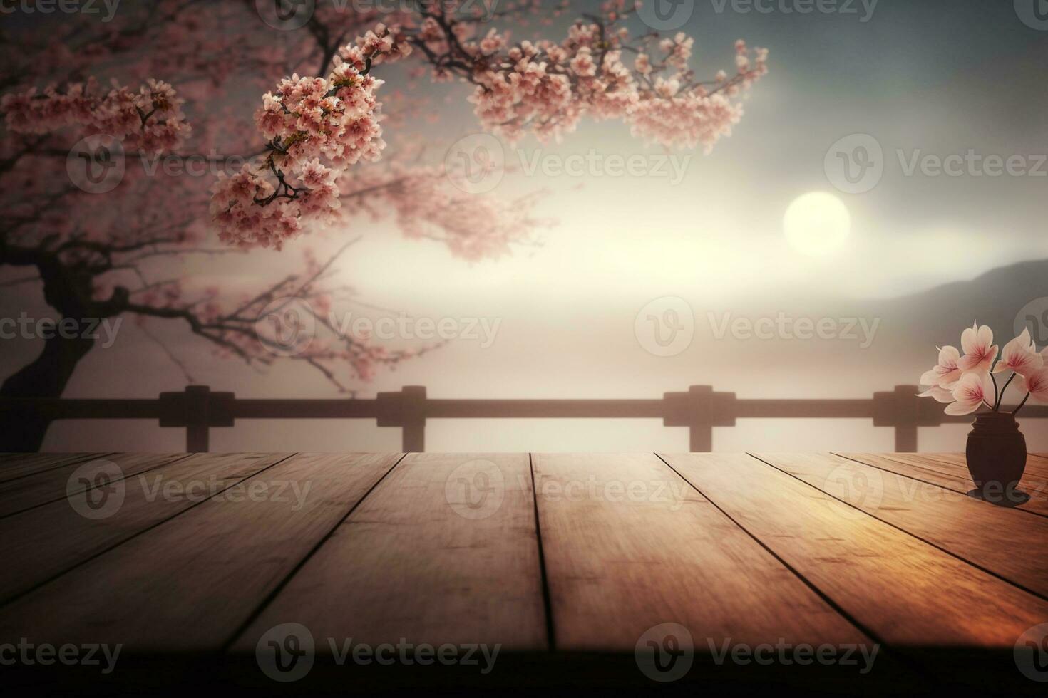 Empty top wooden table and sakura flower with fog and morning light background AI Generated photo