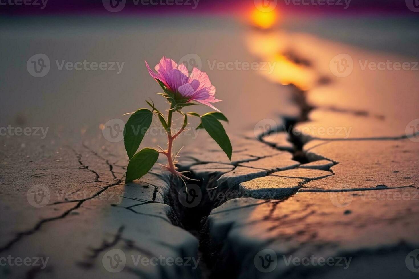 Close up, Pink flower growing on crack street sunset background AI Generated photo