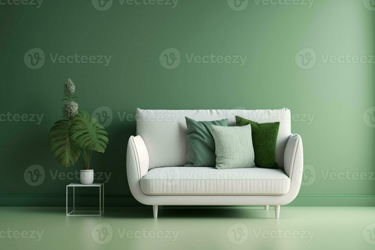 Interior design scene white couch on a green wall background with copy space AI Generated photo
