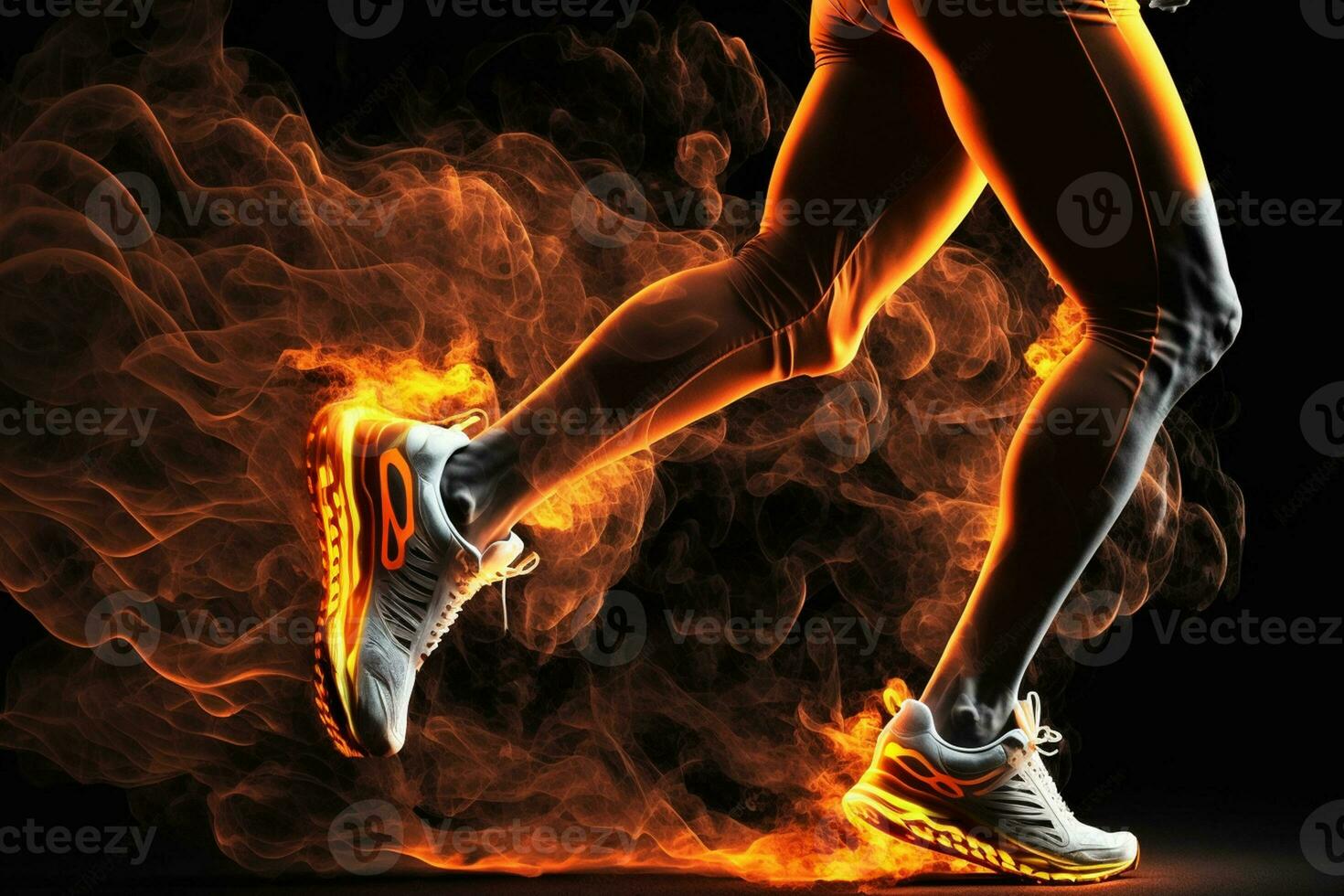 Sport. Runner. Side view of a jogger legs with the power in the veins isolated on black. Fire and energy AI Generated photo