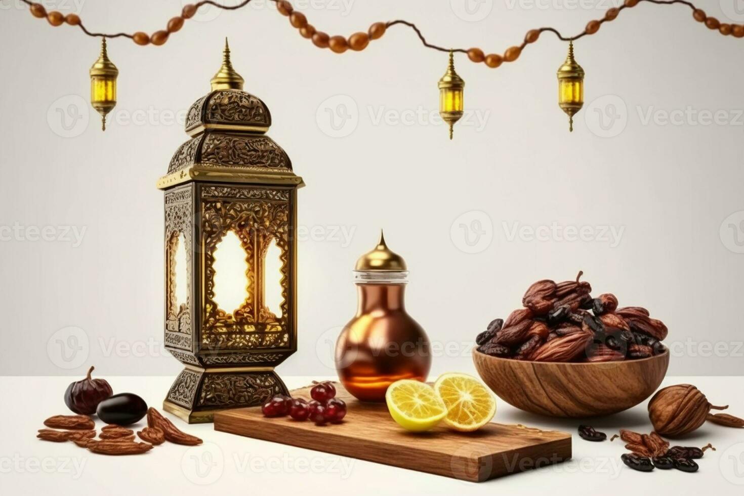 Ramadan food and drinks concept. Ramadan arabian lamp, wood rosary, and dates fruit on white background AI Generated photo