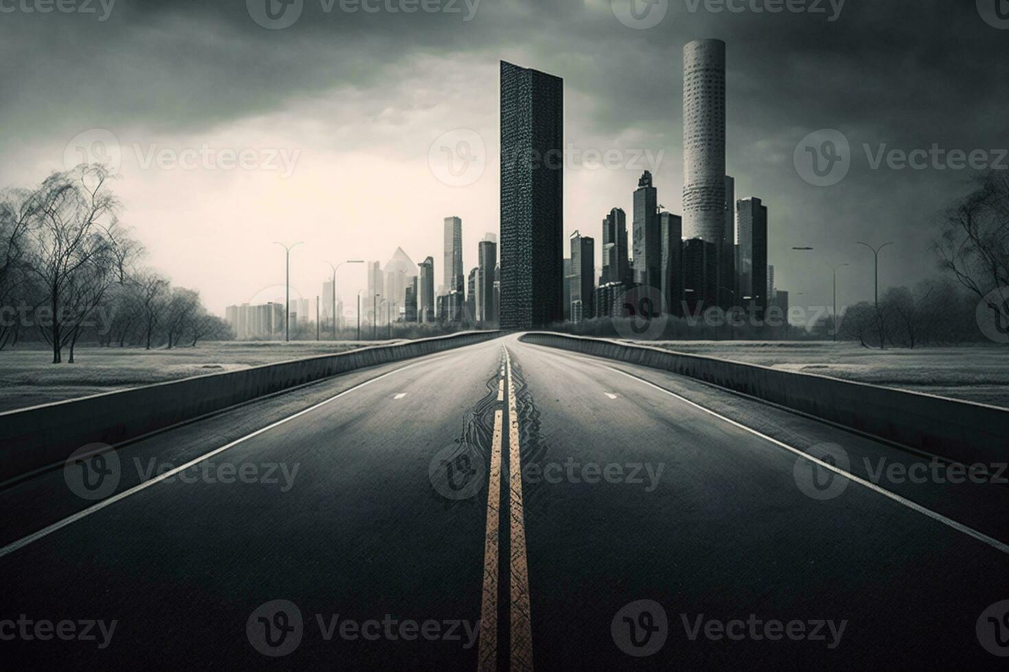 Empty asphalt road towards modern city AI Generated photo
