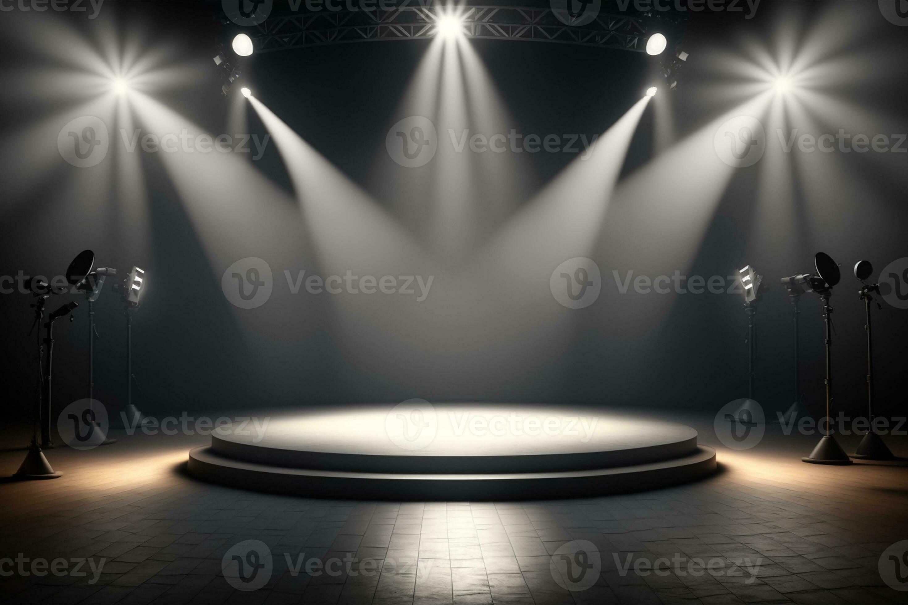 Empty stage with lighting equipment on a stage spotlight shines on the