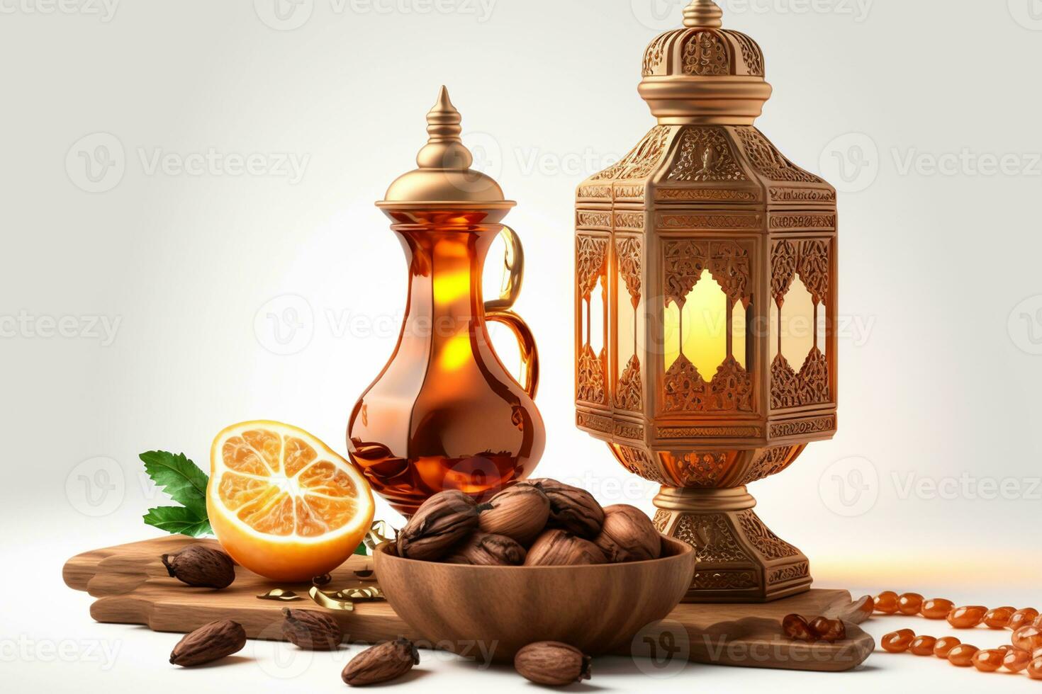 Ramadan food and drinks concept. Ramadan arabian lamp, wood rosary, and dates fruit on white background AI Generated photo