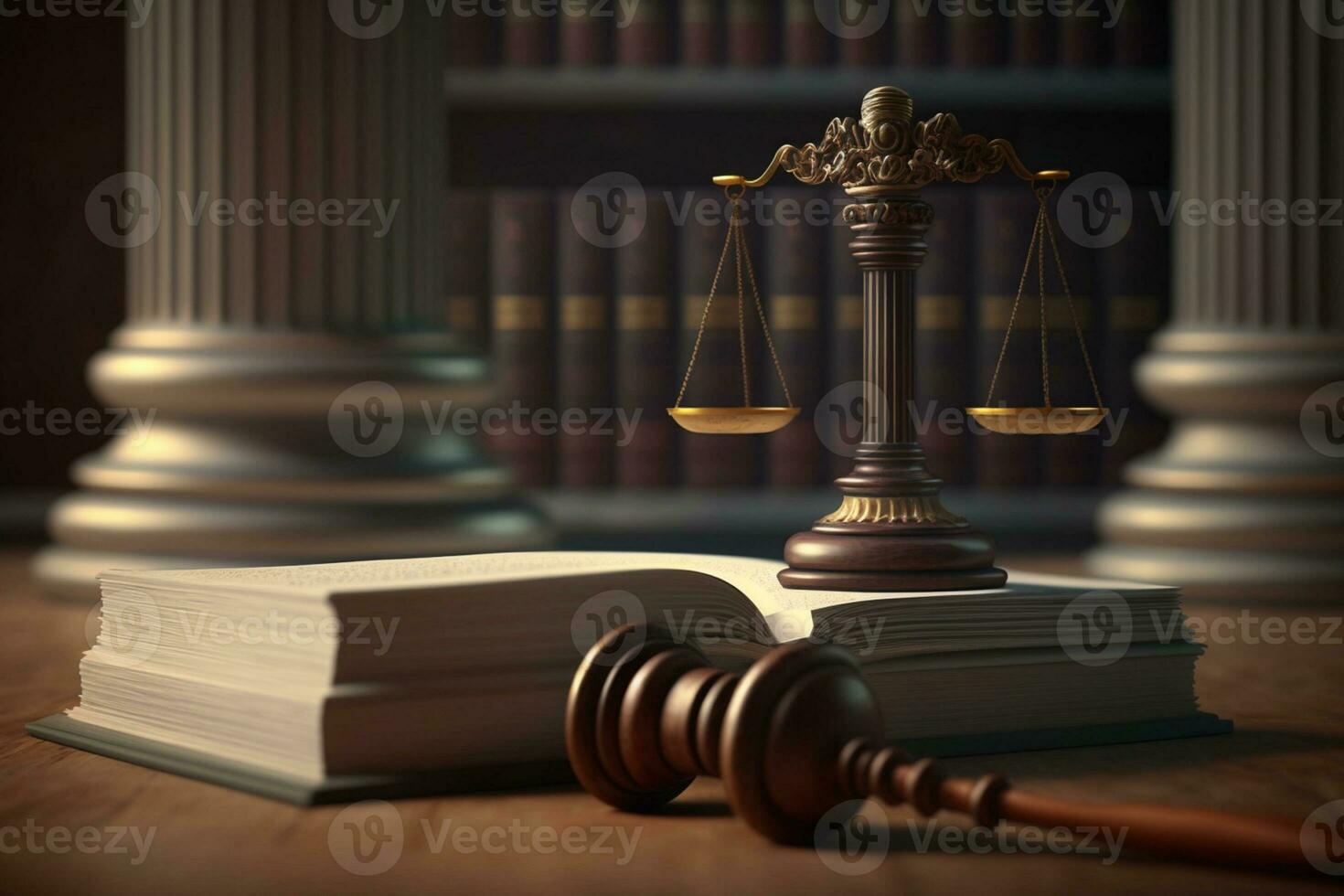 open law book with a justice scale and a Greek column in the background AI Generated photo