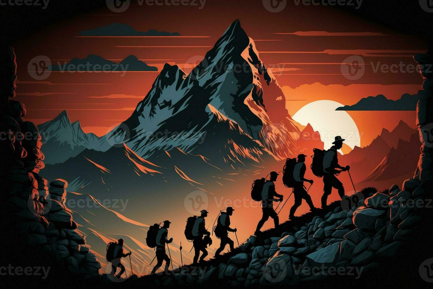 Group of people on peak mountain climbing helping team work , travel trekking success business concept, sunset dark Theme AI Generated photo