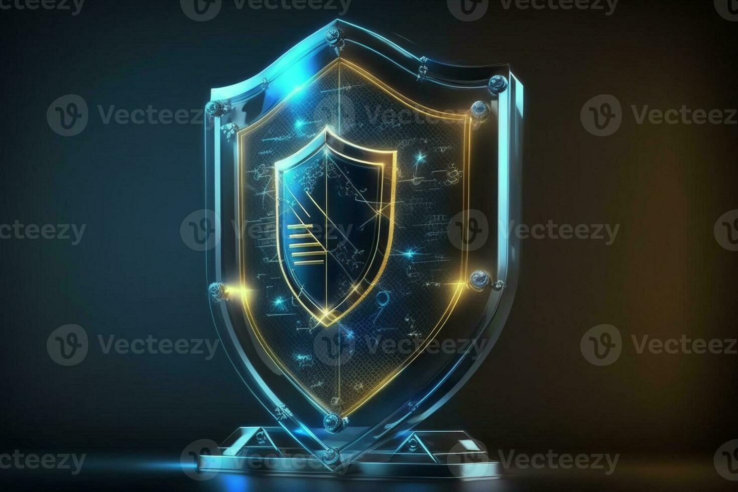 3d Futuristic glowing low polygonal guard shield symbol isolated on dark blue background. Cyber security. data protection concept. Modern wireframe design AI Generated photo