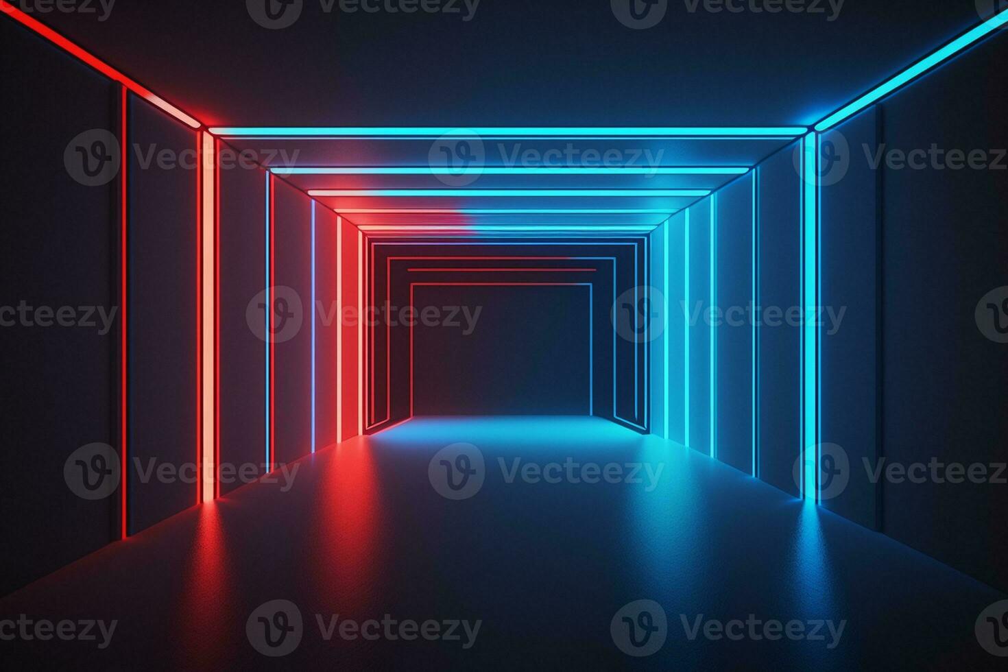 red blue neon light, glowing lines, blank horizontal screen, ultraviolet spectrum, empty room, abstract background AI Generated photo