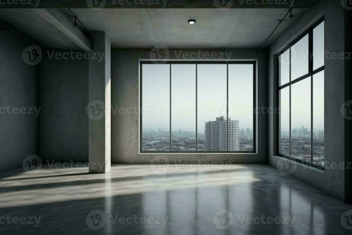 Empty loft style room with concrete floor and city view AI Generated photo
