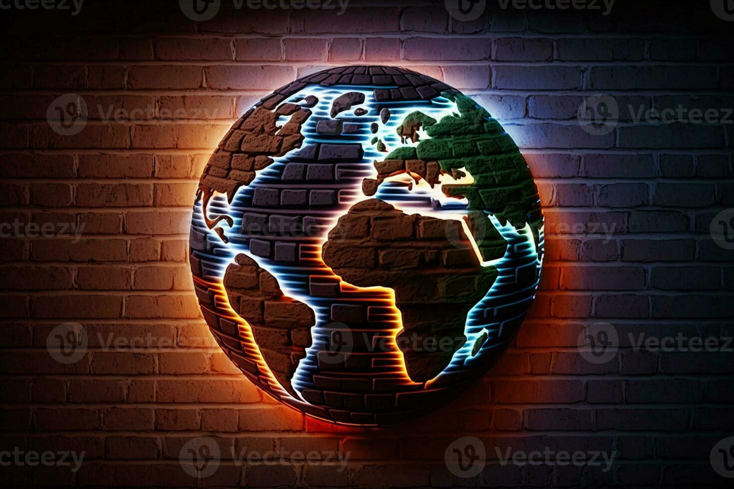 Planet Earth neon sign Shiny Planet Earth silhouette on dark wall AI Generated photo