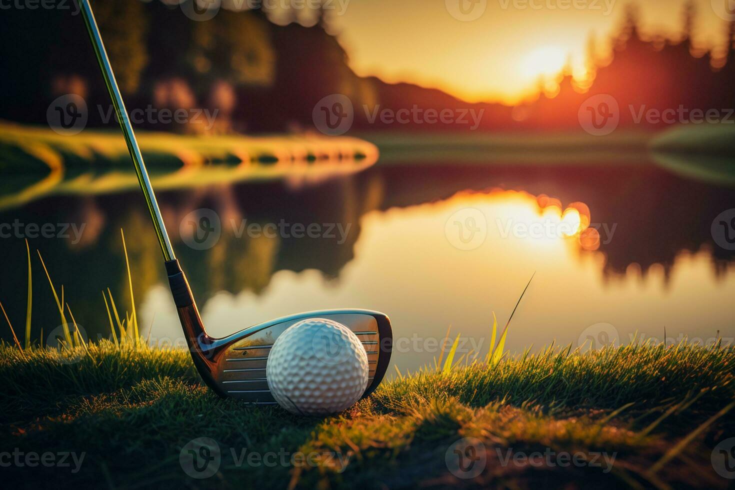 Golf ball and golf club in beautiful golf course at sunset background AI Generated photo