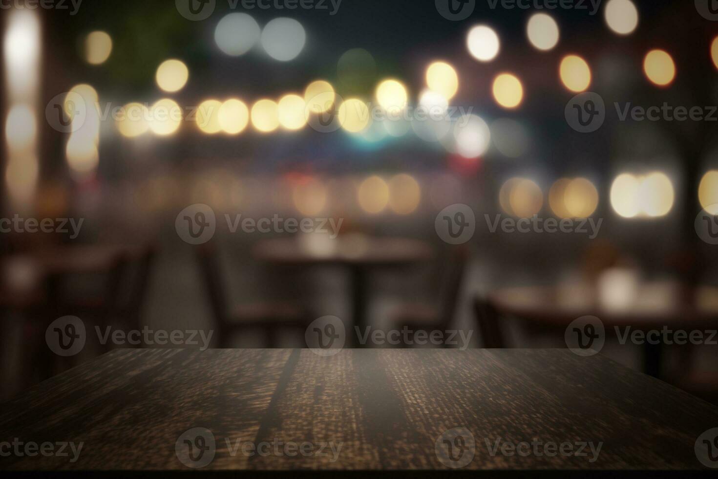 Empty dark wooden table in front of abstract blurred bokeh background of restaurant AI Generated photo