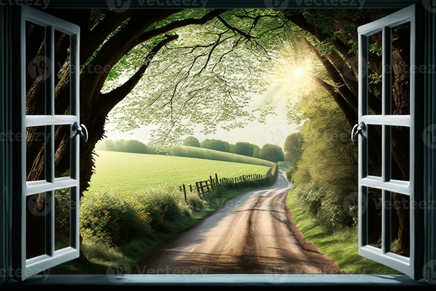 Open window view onto a glorious morning with sunlight rays coming though the trees AI Generated photo