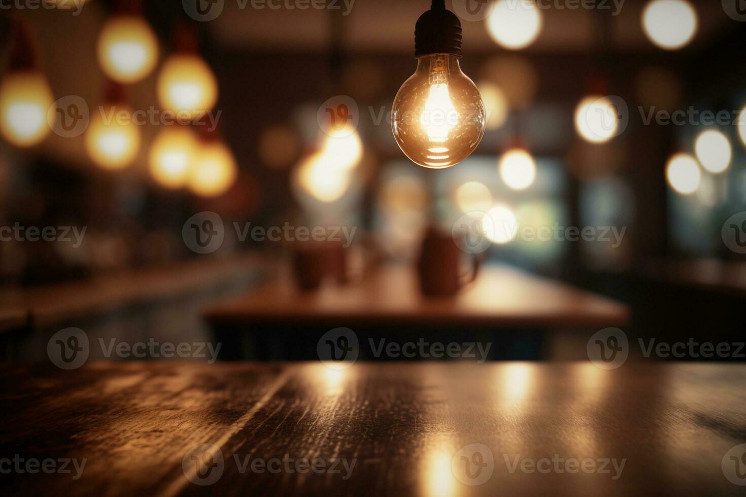 madera mesa parte superior en borroso de mostrador café tienda con ligero bulbo ai generado foto