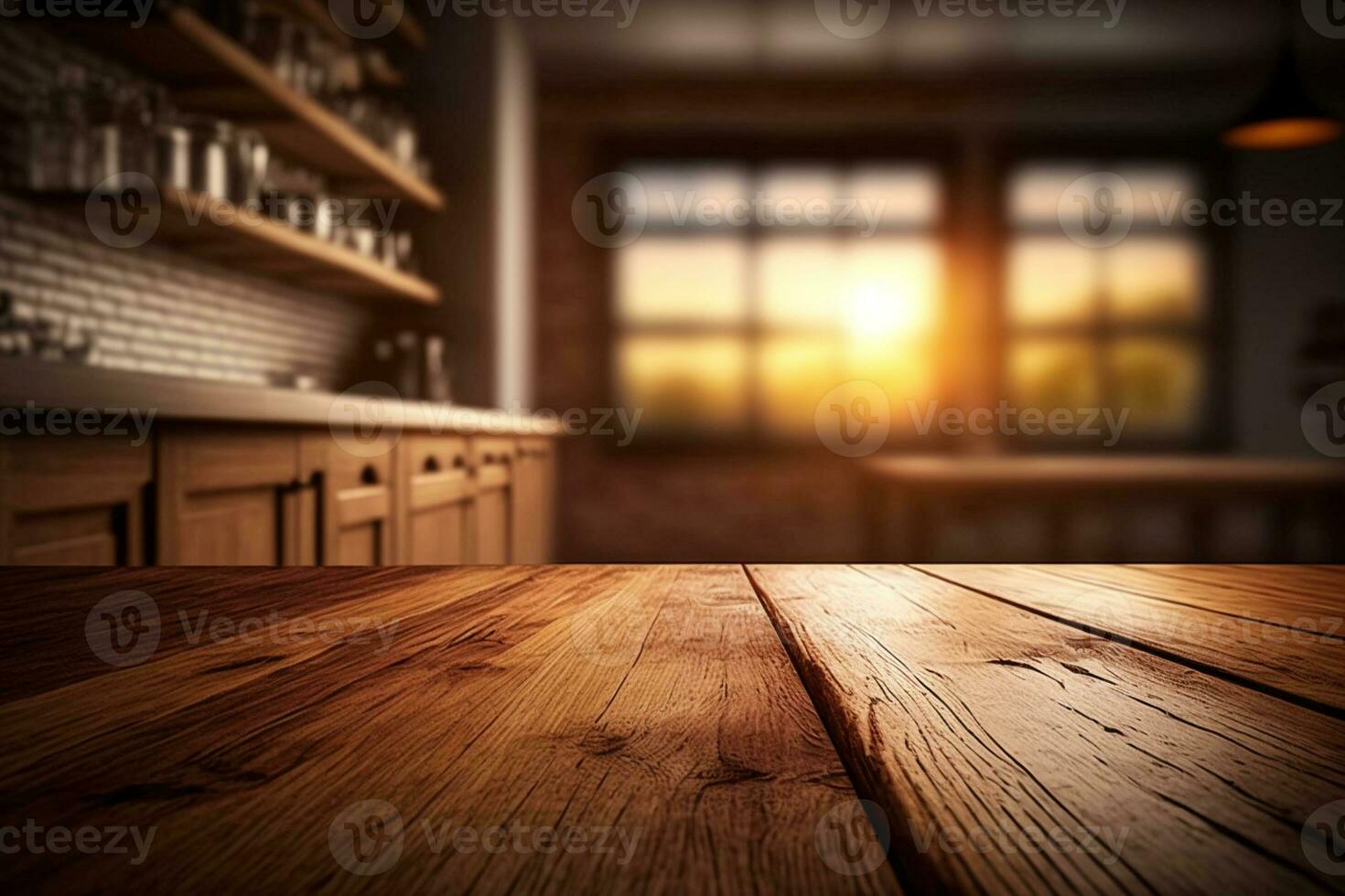 Wood Empty Surface And Kitchen as Background In The Evening AI Generated photo