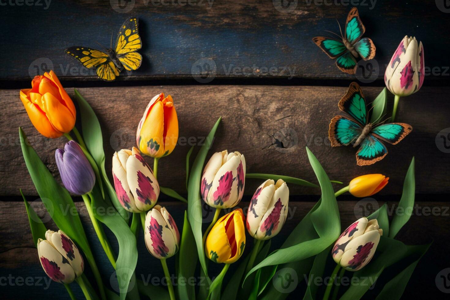 Easter background. Colorful spring tulips with butterflies and painted eggs on vintage wooden board AI Generated photo