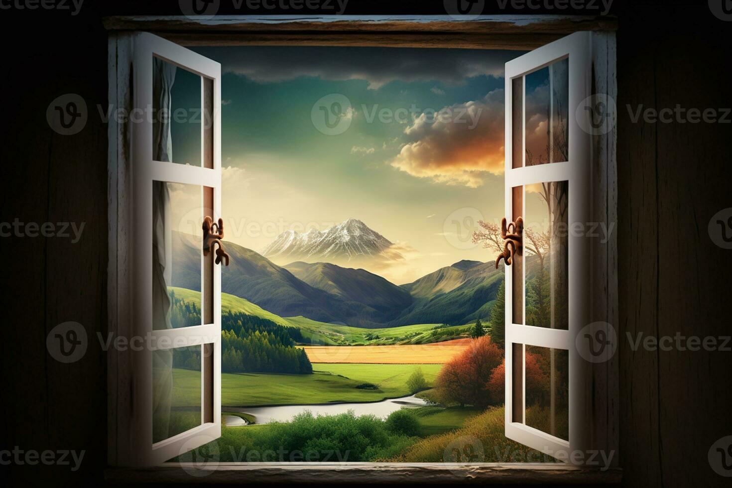 Landscape nature view background. view from window AI Generated photo