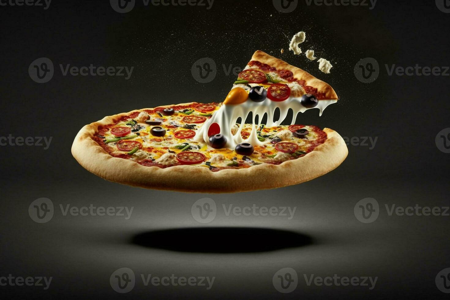 Levitation pizza on black background AI Generated photo