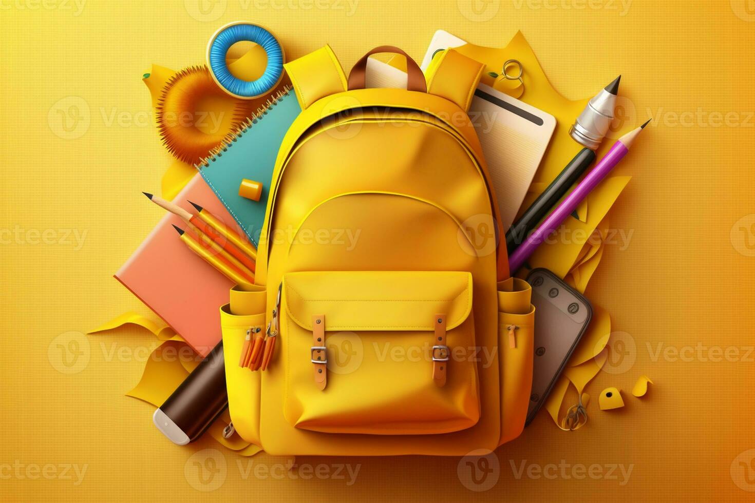 Stationery Supplies in the school bag. Banner design education On Yellow background AI Generated photo