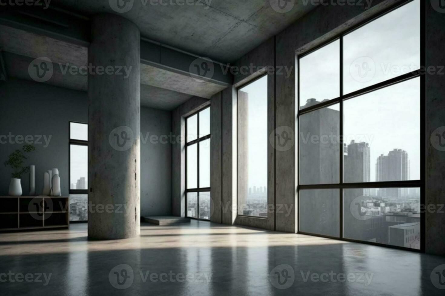 Empty loft style room with concrete floor and city view AI Generated photo