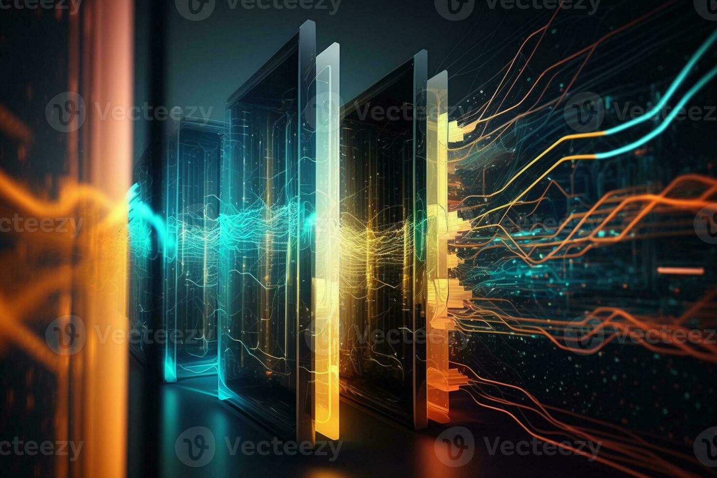 Digital information travels through fiber optic cables, network and data servers AI Generated photo