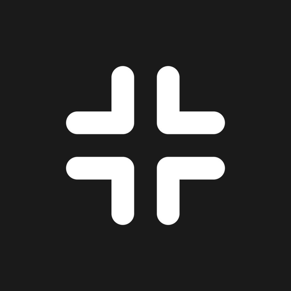 Exit full screen dark mode glyph ui icon. Video player bar button. User interface design. White silhouette symbol on black space. Solid pictogram for web, mobile. Vector isolated illustration