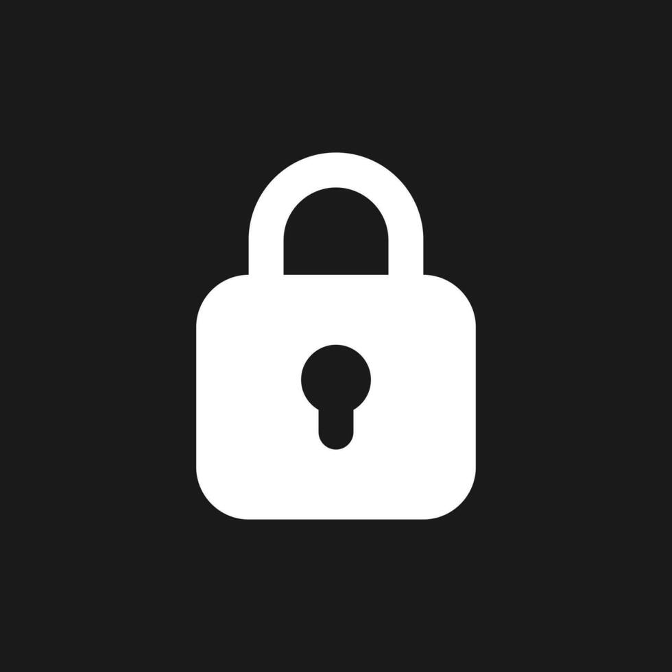 Locked padlock dark mode glyph ui icon. Restrict access. Security settings. User interface design. White silhouette symbol on black space. Solid pictogram for web, mobile. Vector isolated illustration