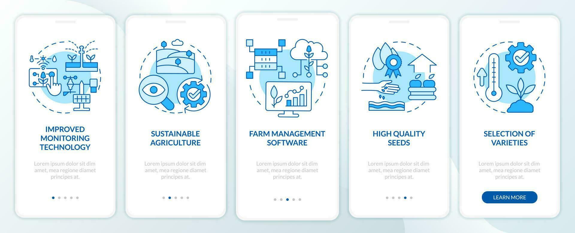 Increase agribusiness productivity blue onboarding mobile app screen. Walkthrough 5 steps editable graphic instructions with linear concepts. UI, UX, GUI template vector