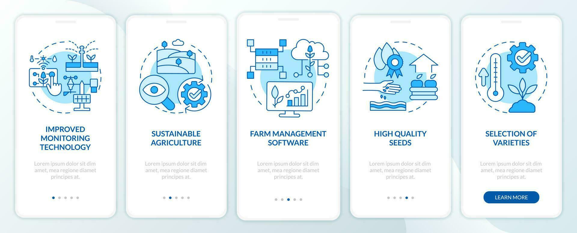 incrementar agronegocios productividad azul inducción móvil aplicación pantalla. recorrido 5 5 pasos editable gráfico instrucciones con lineal conceptos. ui, ux, gui modelo vector