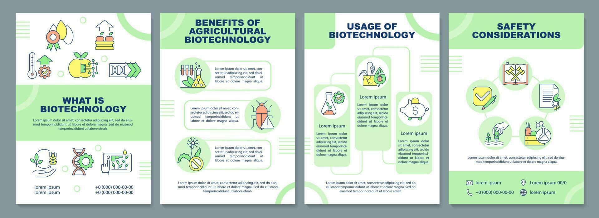 Agricultural biotechnology basics brochure template. Leaflet design with linear icons. Editable 4 vector layouts for presentation, annual reports