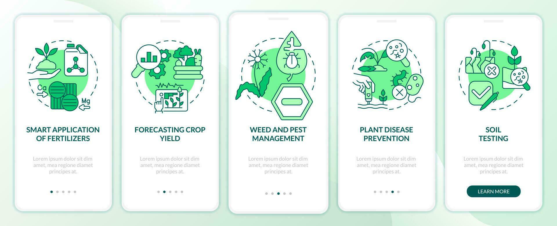 Increased crop yield green onboarding mobile app screen. Agribusiness walkthrough 5 steps editable graphic instructions with linear concepts. UI, UX, GUI template vector