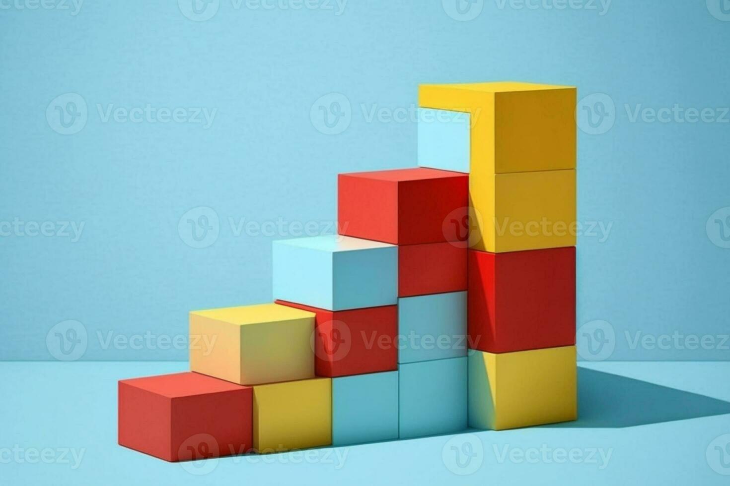 Yellow and red wooden block stacking as step stair, Success in business growth concept on pastel blue background AI Generated photo