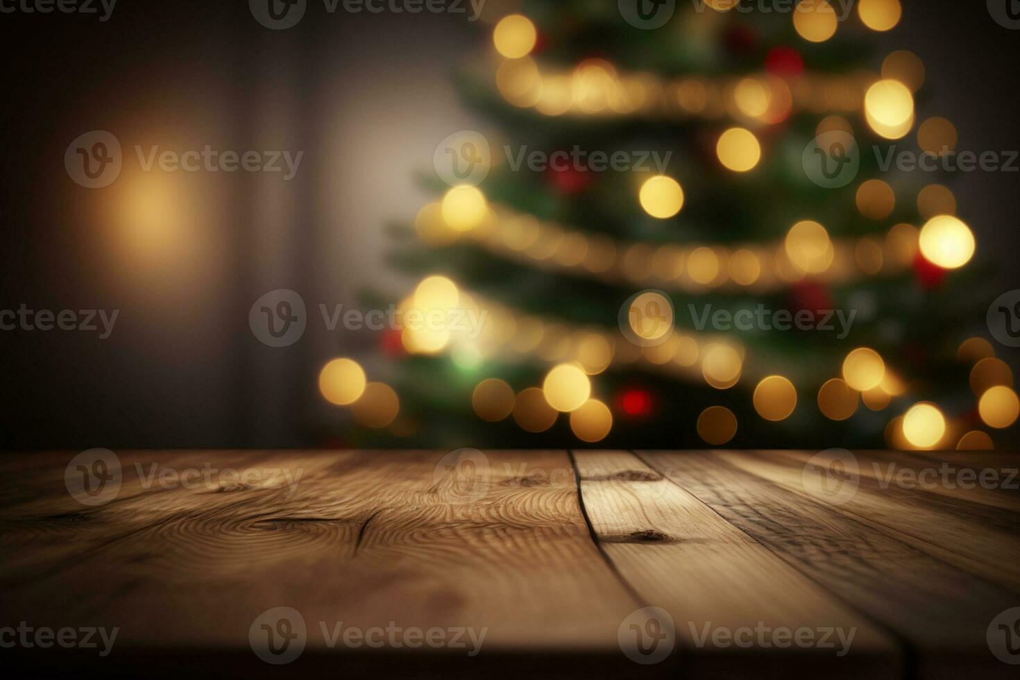 Wooden table with Xmas tree. Festive bokeh lights AI Generated photo