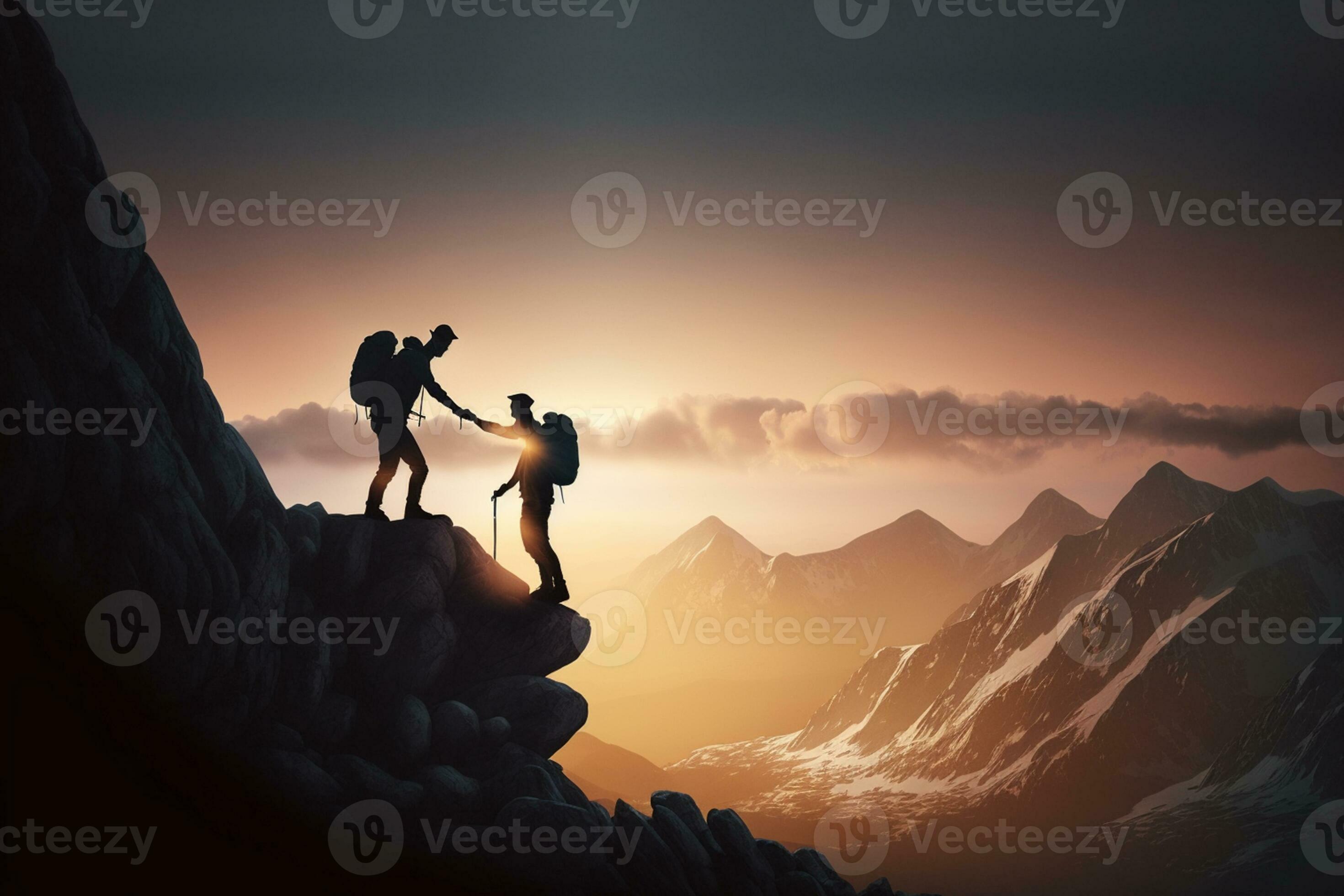 People helping each other hike up a mountain at sunrise. Giving a