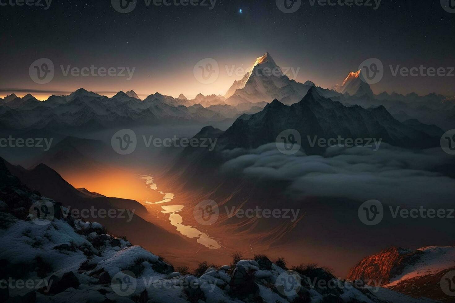 View of the Himalayas during a foggy sunset night AI Generated photo