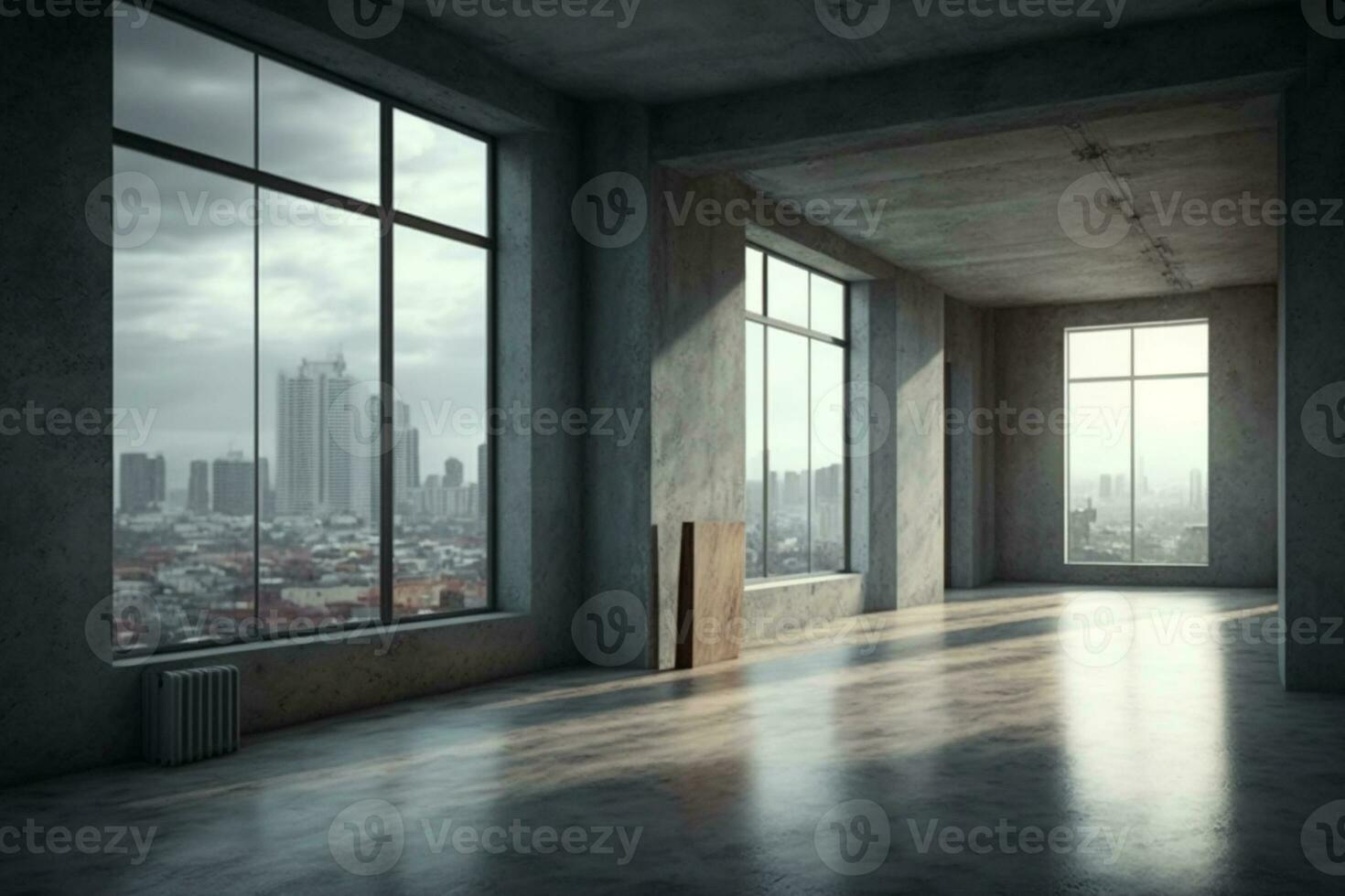 Empty loft style room with concrete floor and city view AI Generated photo